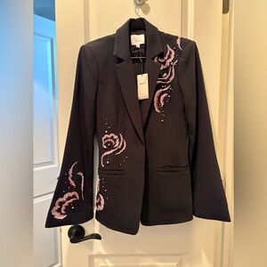 Cinq à Sept Black Blazer with Pink and White Embroidery